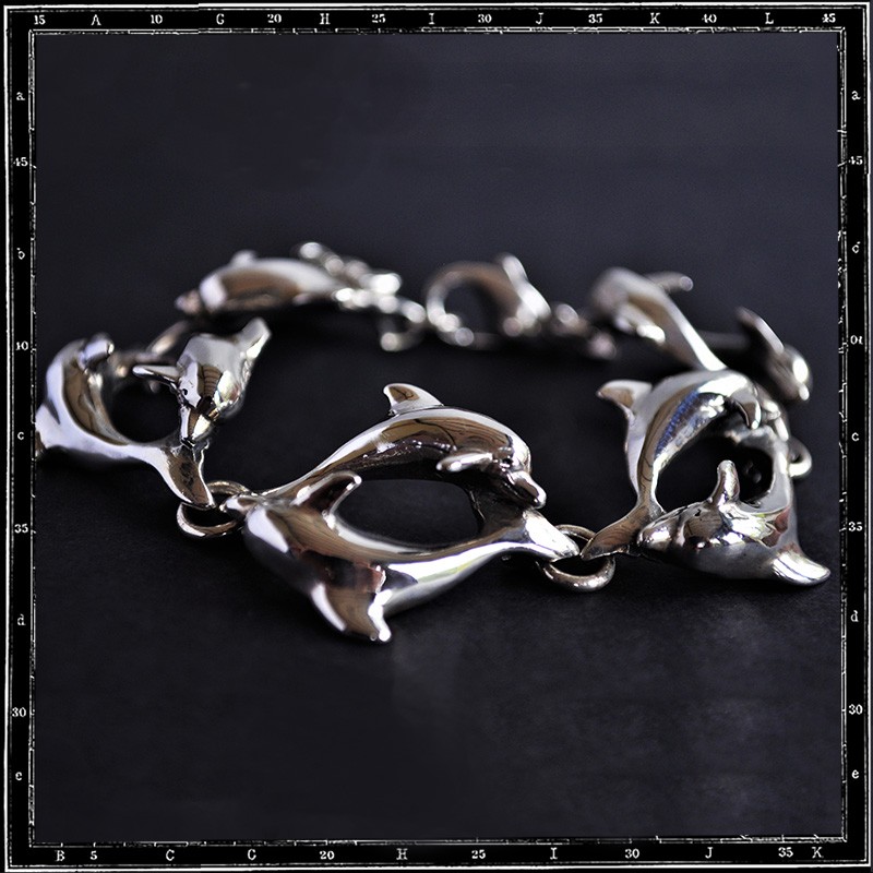 Handmade Sterling Silver Tone Dolphin Link Bracelet – Purple Amethyst & Blue Crystal Charms, 7.5 Inch With Gift Box